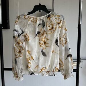 White House Black Market Peplum Top Women's Size 0 White Brown Floral Keyhole